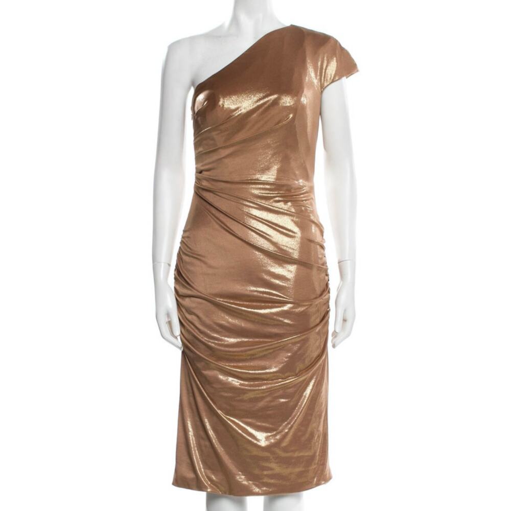 Rene Ruiz Metallic Gold One Shoulder Ruched Midi Cocktail Dress 4 NWT